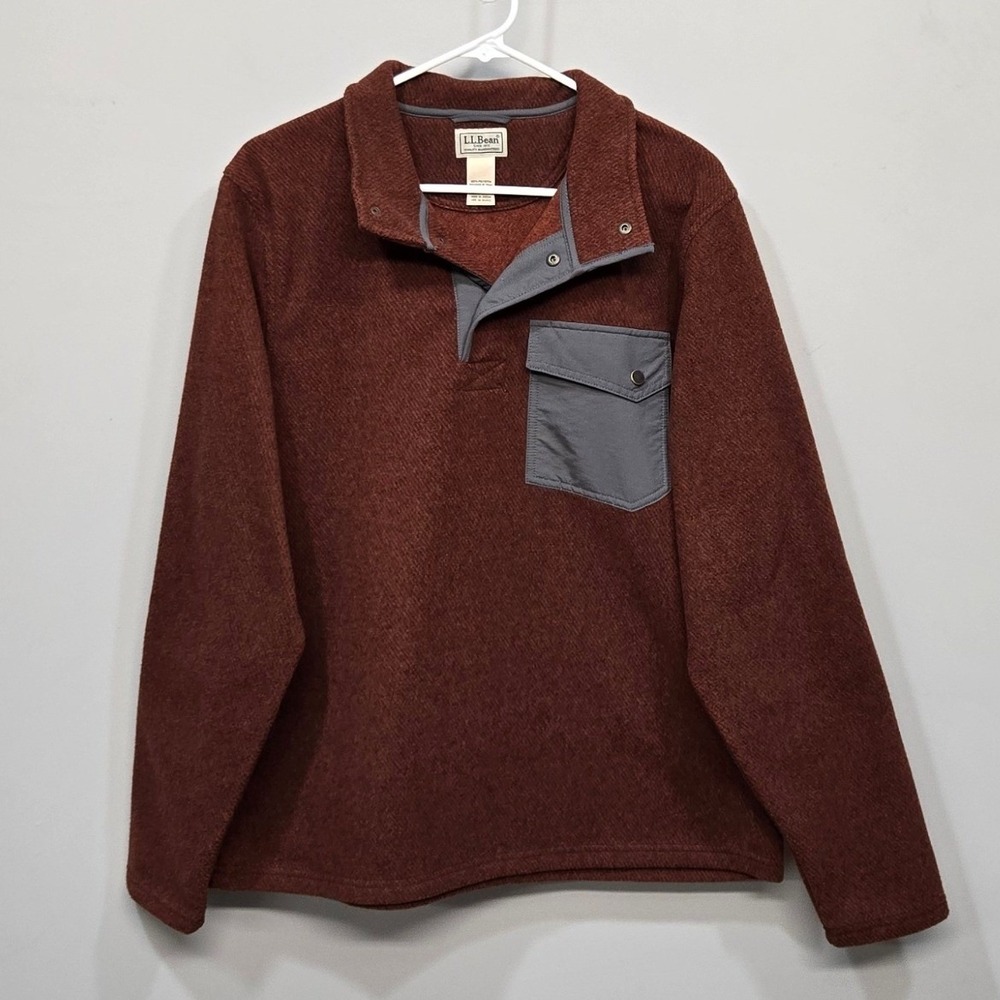 L.L. Bean Sweater Fleece Snap Pullover Mens Medium Brown Elbow‎ Patch Outdoors
